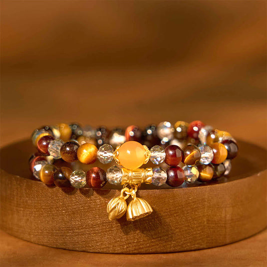Buddha Stones Buntes Tigerauge Lotus Mehrkreis-Schutzarmband aus elastischem Seil
