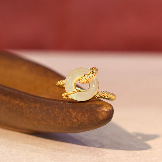 Buddha Stones Chalcedony Peace Buckle 925 Sterling Silver Golden Year Of The Snake Harmony Ring
