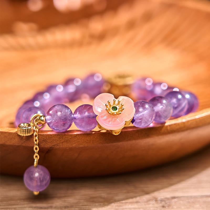 Pulsera de meditación de la fortuna con amatista y flor de durazno de Buddha Stones
