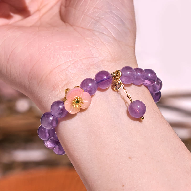 Pulsera de meditación de la fortuna con amatista y flor de durazno de Buddha Stones