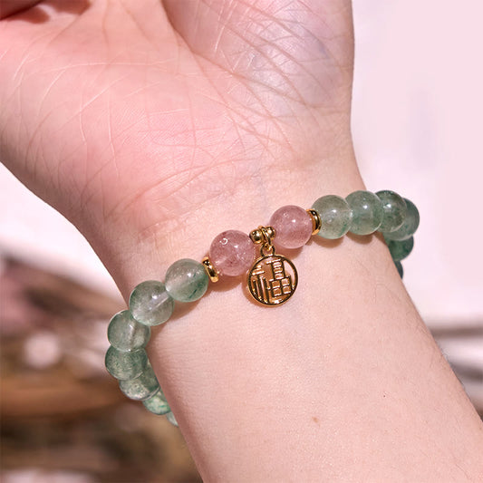 Pulsera de cuarzo fresa verde natural con carácter Fu relajante de Buddha Stones