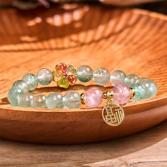 Pulsera de cuarzo fresa verde natural con carácter Fu relajante de Buddha Stones