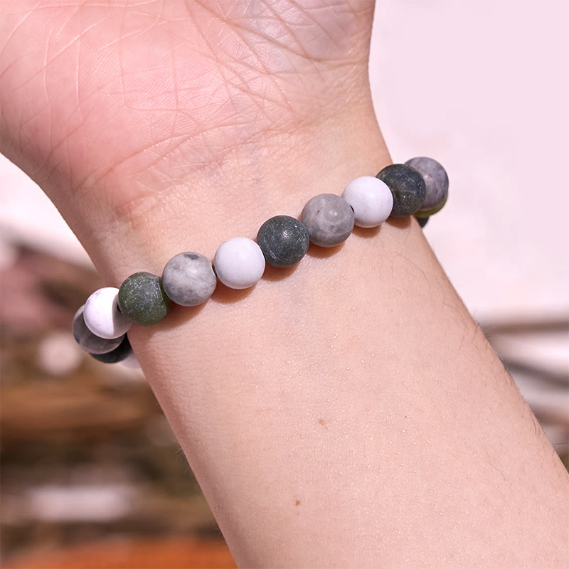 Pulsera de bendición con piedras de Buda, turquesa blanca, jaspe Picasso y calcita verde 