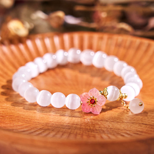 Pulsera de soporte con piedras de Buda, crisoberilo, ojo de gato y flores rosas