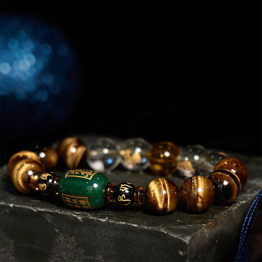 Buddha Stones Chinesisches Sternzeichen Tigerauge Weißer Kristall Mut Armband 