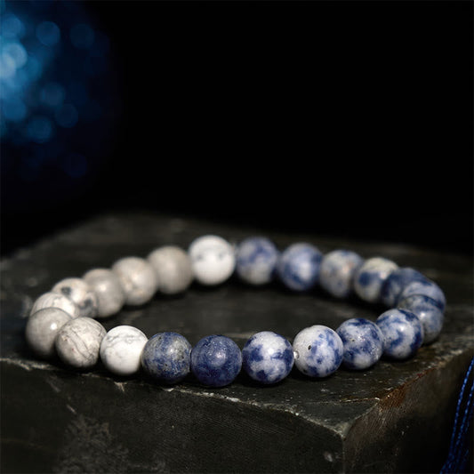 Buddha Stones Sodalith Picasso Jaspis Weiß Türkis Intuition Armband 