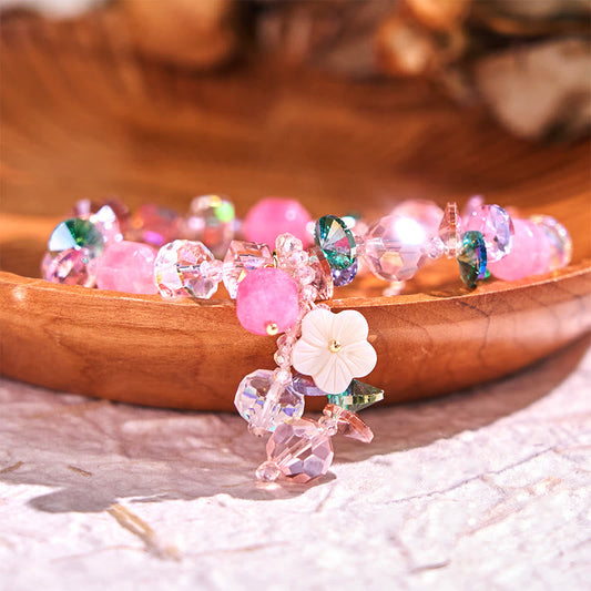 Pulsera de flores de cristal blanco con piedras de Buda, cristal rosa y verde 