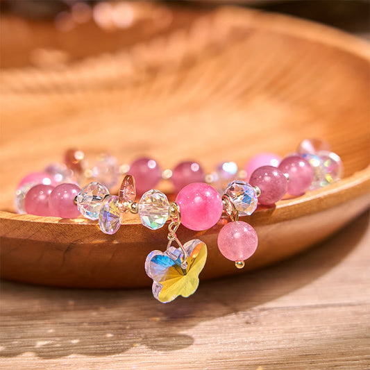 Pulsera de mariposa de amor con cristales de fresa, cuarzo blanco y cristal rosa de Buddha Stones 