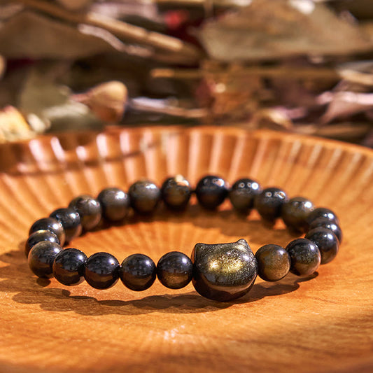 Pulsera de protección con piedras de Buda, obsidiana dorada y obsidiana plateada con brillo, con forma de pata de gato de la suerte. 