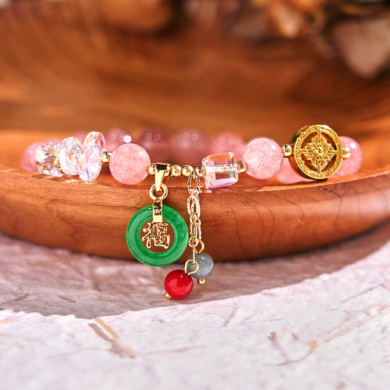 Pulsera curativa con dijes de jade fu y cuarzo fresa de Buda