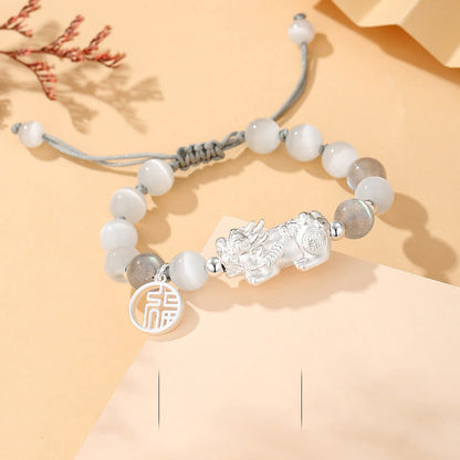 Buddha Stones Pi Xiu Sechs wahre Worte 999 Sterling Silber Schwarzer Obsidian Weißer Türkis Chrysoberyll Glücksarmband 