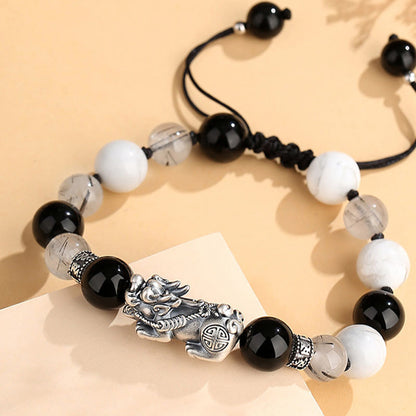 Buddha Stones Pi Xiu Sechs wahre Worte 999 Sterling Silber Schwarzer Obsidian Weißer Türkis Chrysoberyll Glücksarmband 