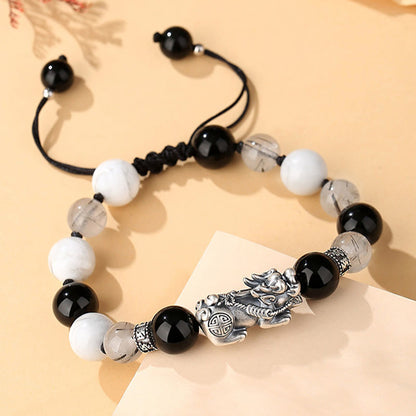 Buddha Stones Pi Xiu Sechs wahre Worte 999 Sterling Silber Schwarzer Obsidian Weißer Türkis Chrysoberyll Glücksarmband 