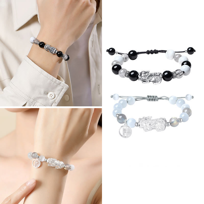Buddha Stones Pi Xiu Sechs wahre Worte 999 Sterling Silber Schwarzer Obsidian Weißer Türkis Chrysoberyll Glücksarmband 