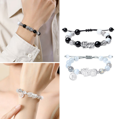 Buddha Stones Pi Xiu Sechs wahre Worte 999 Sterling Silber Schwarzer Obsidian Weißer Türkis Chrysoberyll Glücksarmband 