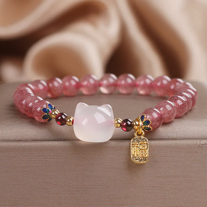 Pulsera curativa con piedras de Buda, cuarzo fresa y jade blanco, con el personaje de gato Fu 