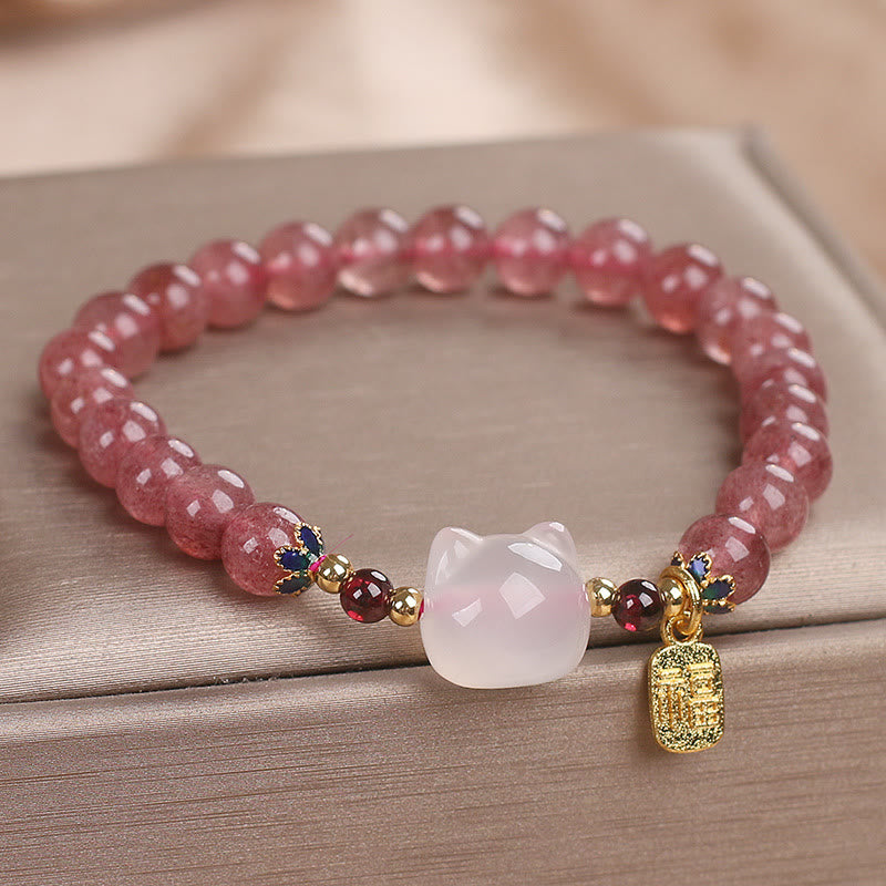 Pulsera curativa con piedras de Buda, cuarzo fresa y jade blanco, con el personaje de gato Fu 