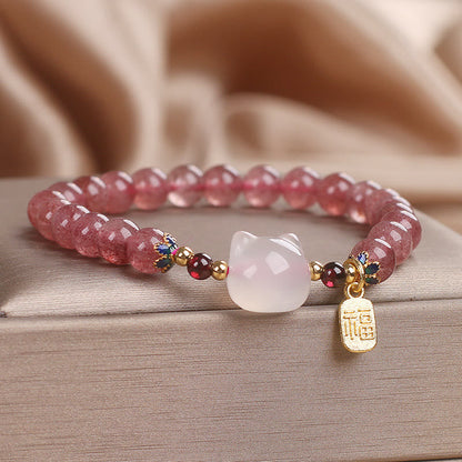 Pulsera curativa con piedras de Buda, cuarzo fresa y jade blanco, con el personaje de gato Fu 