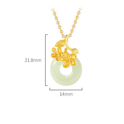 Buddha Stones Hetian Jade 999 Sterling Silver Peace Buckle Peach Blossom Necklace Pendant