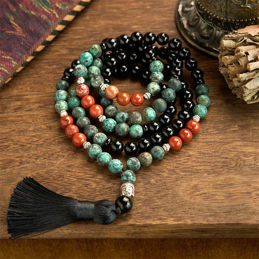 Pulsera de protección con borlas y cabeza de Buda, 108 Malas, ónix negro natural, jaspe rojo, cuentas turquesas