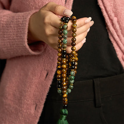 Pulsera de protección con borlas y cuentas de turquesa y ojo de tigre de piedra natural de 108 piedras de Buda
