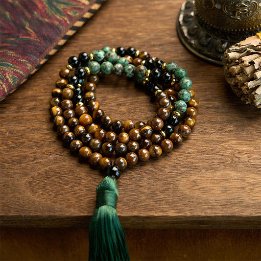 Pulsera de protección con borlas y cuentas de turquesa y ojo de tigre de piedra natural de 108 piedras de Buda