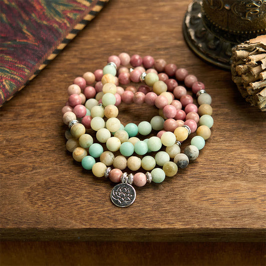 Pulsera de compasión de loto con 108 cuentas de amazonita y rodonita de Buddha Stones