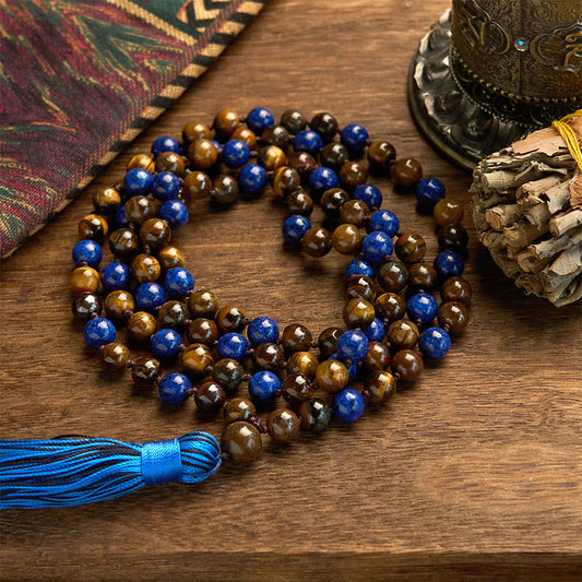Pulsera de protección con borlas de mala de lazurita y ojo de tigre de piedra natural de 108 cuentas de Buddha Stones 