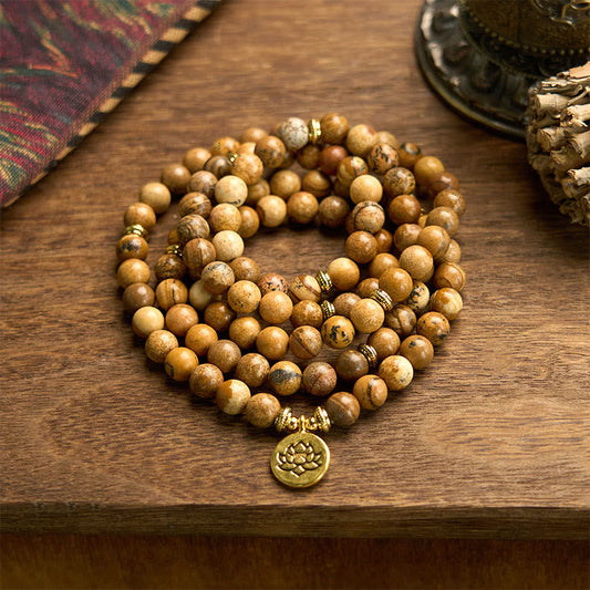 Pulsera de jaspe mala con imagen de loto y piedras de Buda con 108 cuentas 