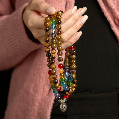 Pulsera de protección de loto con 108 cuentas de mala de piedra natural y ojo de tigre de colores. 