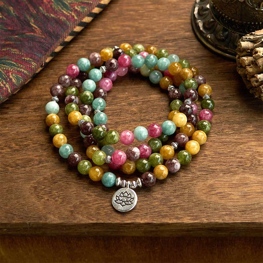 Pulsera de la sabiduría del loto con 108 cuentas de mala de turmalina natural multicapa de Buddha Stones 