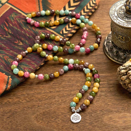 Pulsera de la sabiduría del loto con 108 cuentas de mala de turmalina natural multicapa de Buddha Stones 