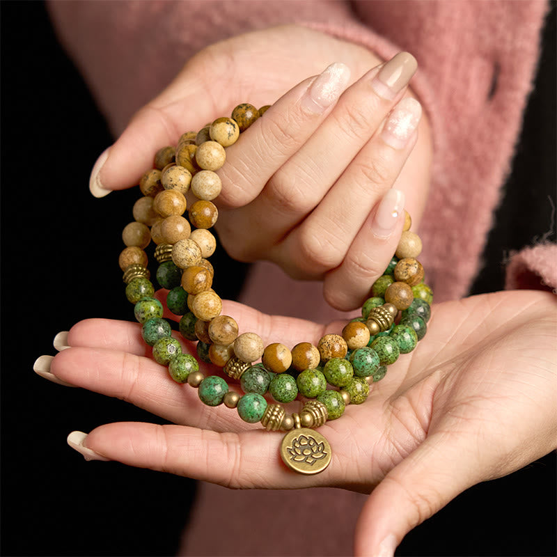 Pulsera con 108 cuentas de mala de Buda, piedra natural, jaspe, turquesa y loto. 