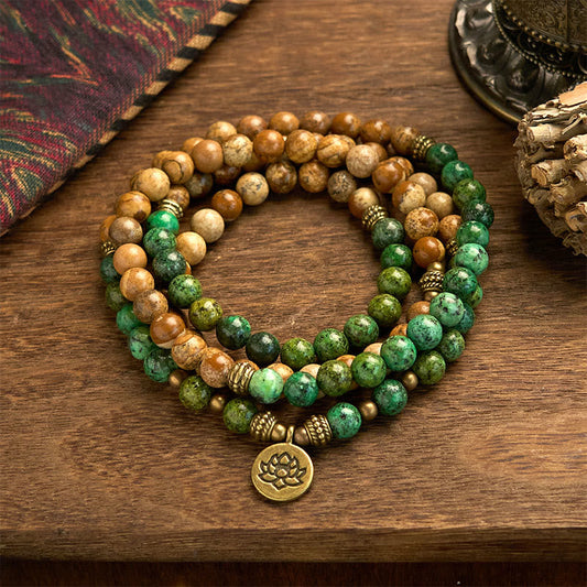 Pulsera con 108 cuentas de mala de Buda, piedra natural, jaspe, turquesa y loto. 