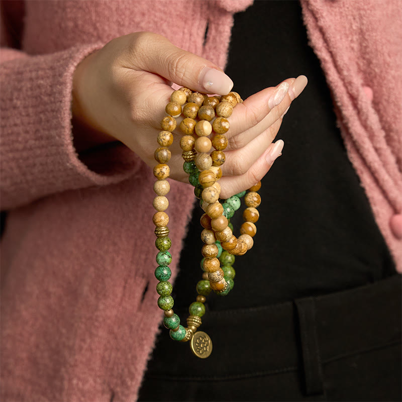 Pulsera con 108 cuentas de mala de Buda, piedra natural, jaspe, turquesa y loto. 
