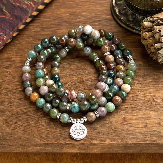Pulsera de piedra natural con 108 cuentas de mala de Buda, ágata india y loto calmante 