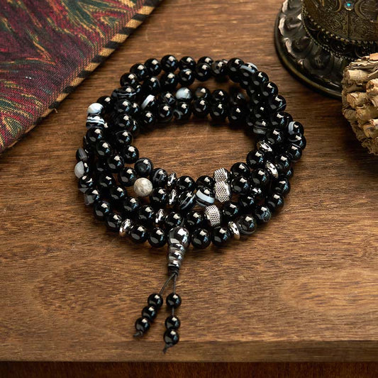 Pulsera de protección de ónix negro con 108 cuentas de mala de piedra natural de Buda 