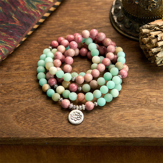 Pulsera de curación de loto con 108 cuentas de mala de rodonita y amazonita de Buddha Stones 