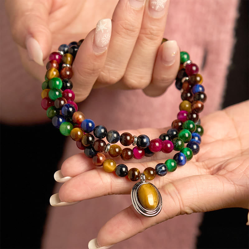 Pulsera de protección multivuelta con 108 cuentas de mala de ojo de tigre natural y colorida de Buddha Stones 