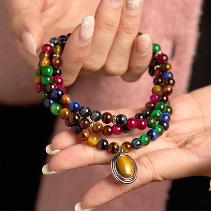 Pulsera de protección multivuelta con 108 cuentas de mala de ojo de tigre natural y colorida de Buddha Stones 