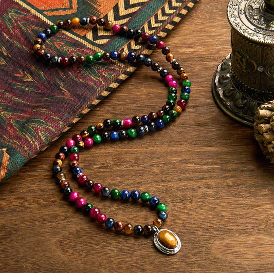 Pulsera de protección multivuelta con 108 cuentas de mala de ojo de tigre natural y colorida de Buddha Stones 