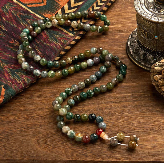 Pulsera curativa multivuelta de ágata musgosa con 108 cuentas de mala de piedra natural de Buddha Stones 