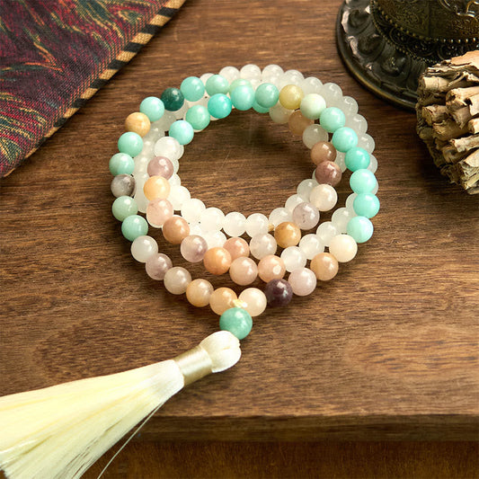 Pulsera curativa con 108 cuentas de mala de jade blanco natural y amazonita con borla blanca