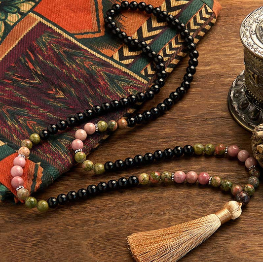 Pulsera curativa con borlas color caqui y rodonita de jaspe negro con 108 cuentas de mala de Buda 