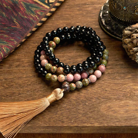 Pulsera curativa con borlas color caqui y rodonita de jaspe negro con 108 cuentas de mala de Buda 