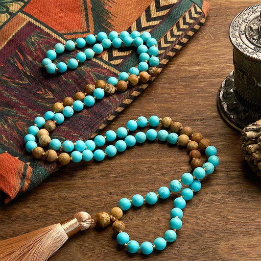 Pulsera de equilibrio con borlas de cuentas de jaspe turquesa y 108 cuentas de mala de Buda