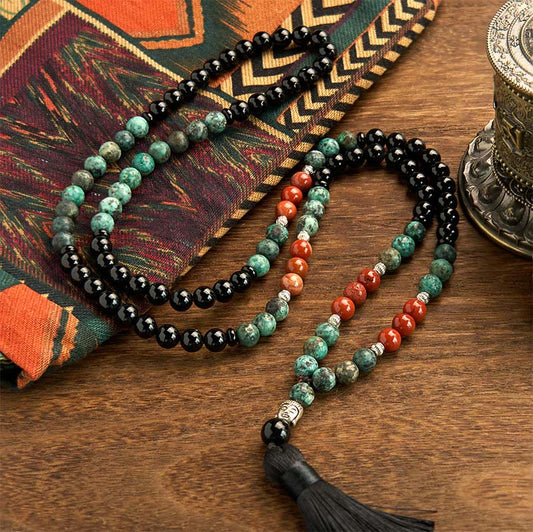 Pulsera de protección con borlas y cabeza de Buda, 108 Malas, ónix negro natural, jaspe rojo, cuentas turquesas