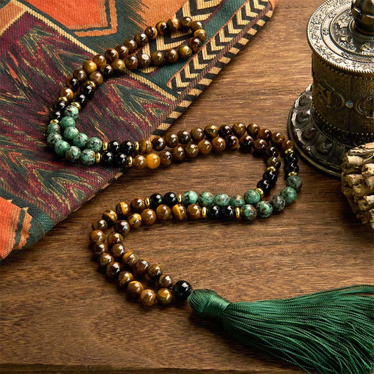 Pulsera de protección con borlas y cuentas de turquesa y ojo de tigre de piedra natural de 108 piedras de Buda