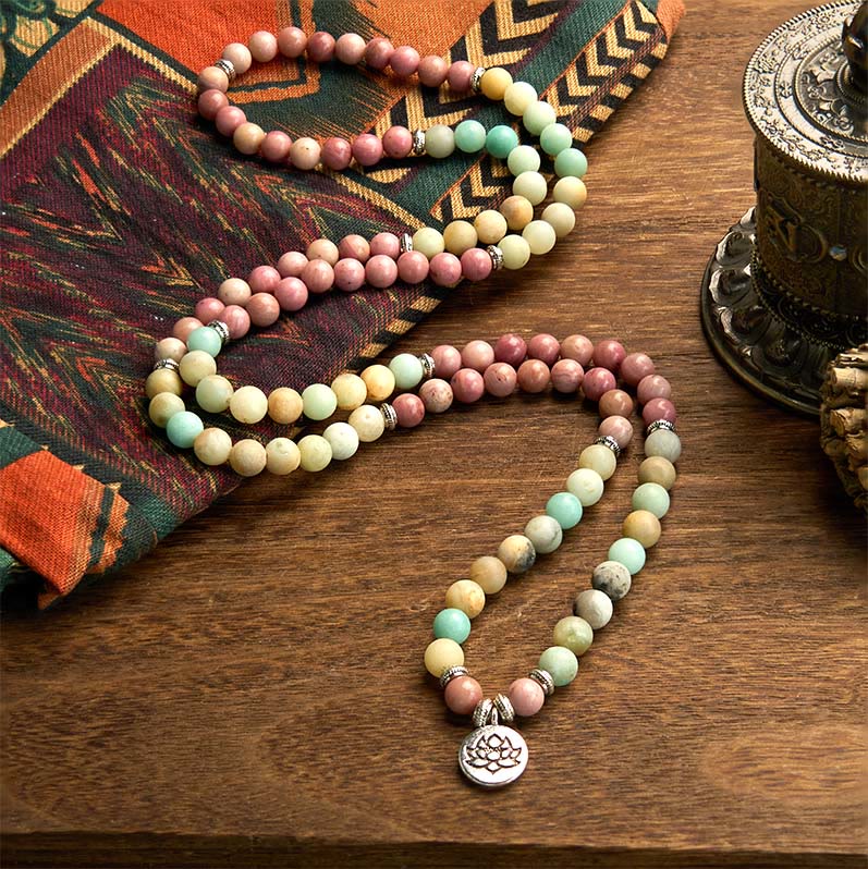 Buddha Stones 108 Mala Rhodonite Amazonite Beads Lotus Compassion Bracelet
