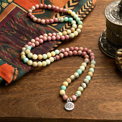 Buddha Stones 108 Mala Rhodonite Amazonite Beads Lotus Compassion Bracelet